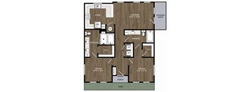 A floor plan of a house with a covered patio and a yard.