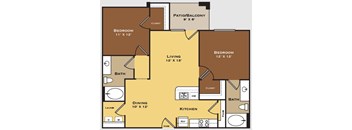A floor plan of a home with a living room, dining room, kitchen, and two bedrooms.