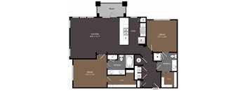 A floor plan of a house with a living room, kitchen, and bathrooms.