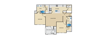 Two bedroom, two bath with large open living room and patio