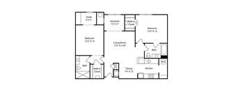 A black and white floor plan of a house with a study, two bedrooms, a living room, a kitchen, a dining area, a bathroom, and a sunroom.