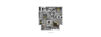 A floor plan of a two-story apartment with a living room, kitchen, and bedrooms.