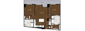 A floor plan of a balcony with two bedrooms, a living area, a kitchen, a bathroom, and an entry.