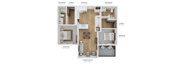 A floor plan of a house with a common room, two bedrooms, a bathroom, a kitchen, and a closet.