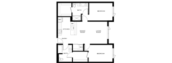 A black and white image of a floor plan for a house with a kitchen, dining room, living room, two bedrooms, a bathroom, and a laundry room.