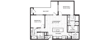 A black and white image of a floor plan for a two bedroom apartment.