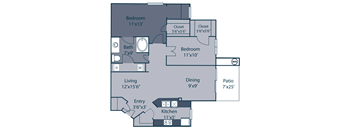 A floor plan of a house with a living room, two bedrooms, a bathroom, a kitchen, a dining room, and a patio.
