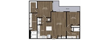 A floor plan of a house with a living room, dining room, kitchen, and two bedrooms.