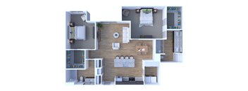A top-down view of a small apartment with a bedroom, living room, kitchen, and bathroom.
