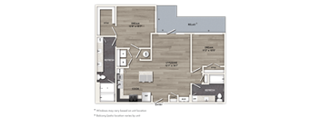 A floor plan of a house with a living room, two bedrooms, a bathroom, a kitchen, a dining room, and a laundry area.