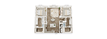 A 3D floor plan of a house with a living room, kitchen, dining room, and two bedrooms.