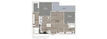 A floor plan of a house with a living room, dining room, kitchen, and bathrooms.