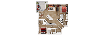 A top-down view of a house layout with a living room, kitchen, dining area, and bedrooms.