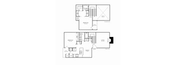 A floor plan of a two-story home with a living room, dining room, kitchen, and two bedrooms.