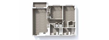 A diagram of a house layout with a kitchen, living room, and bathrooms.