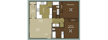 A floor plan of a house with a living room, dining room, kitchen, two bedrooms, and a storage area.