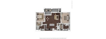A floor plan of a house with a living room, dining room, kitchen, and two bedrooms.