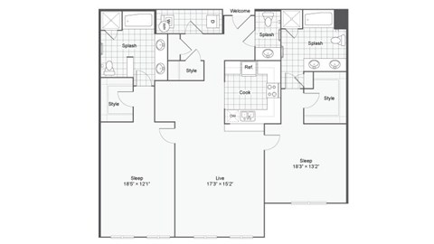 the 2021 floor plan of a 1 bedroom apartment at the
