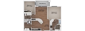 A floor plan of a home with a living room, dining room, kitchen, and two bedrooms.