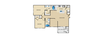 Two bedroom, two bath with large open living room and patio