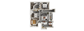 A detailed 3D floor plan of a house layout.