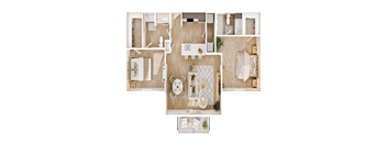 A top-down view of a small apartment layout with a kitchen, living room, and bathroom.