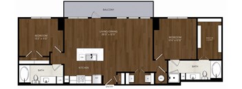 A floor plan of a house with a balcony, two bedrooms, a living/dining area, a kitchen, two bathrooms, and a foyer.