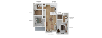 A floor plan of a house with a kitchen, bathrooms, and bedrooms.