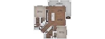 A floor plan of a home with a living room, two bedrooms, a bathroom, and a dining area.