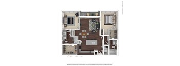 A floor plan of a house with a living room, dining room, kitchen, and two bedrooms.