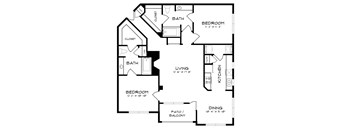 A black and white image of a floor plan for a home with a living room, kitchen, dining room, and two bedrooms.