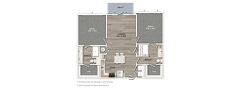 A floor plan of a house with a living room, two bedrooms, a bathroom, and a kitchen.
