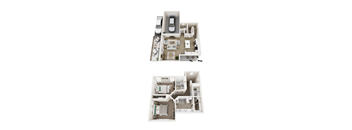 A floor plan of a two-story residential building with two bedrooms, two bathrooms, a living room, a kitchen, and a garage on the first floor.