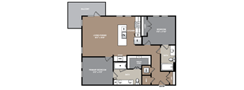 a floor plan of a bedroom apartment with a living room and a dining room