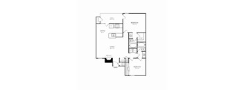 A black and white image of a floor plan for a home with a living room, dining room, and two bedrooms.