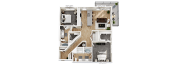 A floor plan of a house with a living room, kitchen, and bathroom.