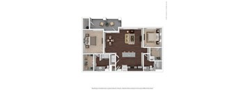 A floor plan of a house with a living room, dining room, kitchen, and bathrooms.