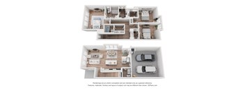 A 3D floor plan of a house with two bedrooms, a living room, a kitchen, and a garage.