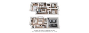 A floor plan of a two-story house with a garage and a car.