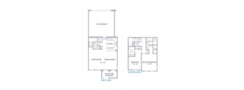 A floor plan of a two-level home with a garage, living room, dining room, kitchen, bathrooms, and bedrooms.