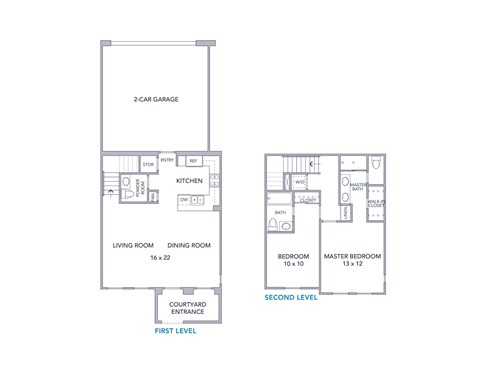 A floor plan of a two-level home with a garage, living room, dining room, kitchen, bathrooms, and bedrooms.