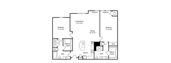 A floor plan of a house with two bedrooms, a living room, a dining room, a kitchen, a walk-in closet, a bath, and two solar panels.