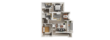 A 3D floor plan of a small apartment with a kitchen, living room, and bedroom.