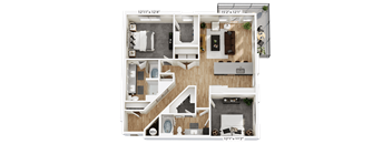 A detailed 3D floor plan of a two-bedroom apartment with a living room, kitchen, and bathroom.