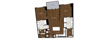 A floor plan of a house with a balcony, two bathrooms, two bedrooms, a living/dining area, a kitchen, a walk-in closet, and a reference area.