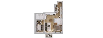 A floor plan of a house with a kitchen, living room, and two bedrooms.