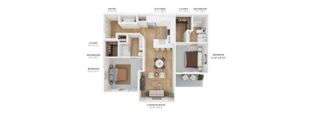 A floor plan of an apartment with a kitchen, bathroom, and living room.