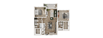 A top-down view of a house layout with a kitchen, living room, and bathroom.