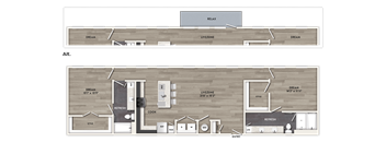 A floor plan of a house with a living room, kitchen, and two bedrooms.