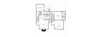 A black and white image of a two-story house floor plan.